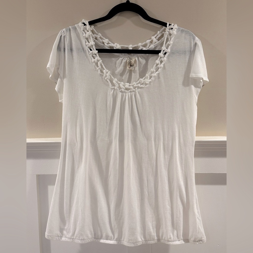 White Short Sleeve Blouse with Braided Neckline